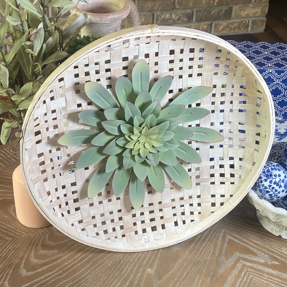 NEW! LARGE Shabby Chic Bohemian Woven Wood Wall Basket & Metal Succulent Plant